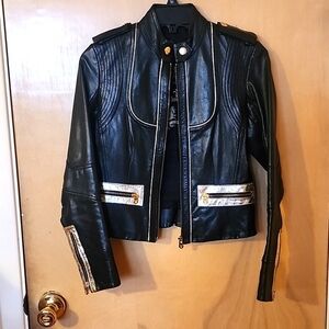 Vintage Black riding cropped leather jacket with metalic gold size S